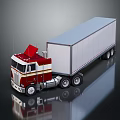 Red and White Semi Truck with Sleek Cab and White Container Trailer on Reflective Surface