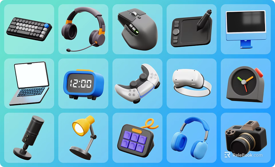Assorted Digital Accessories With Keyboard Mouse Headset VR Controller Laptop And Camera 3d model 