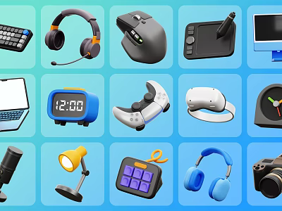 Assorted Digital Accessories With Keyboard Mouse Headset VR Controller Laptop And Camera 3d model