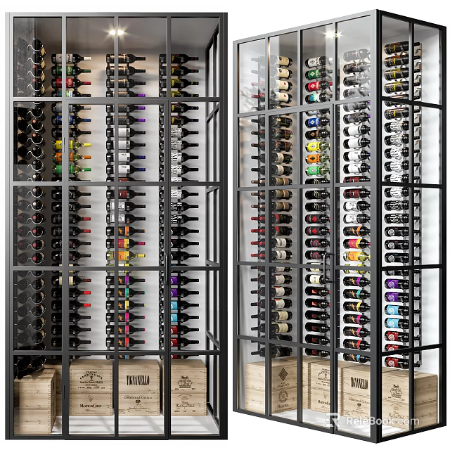Modern Metal Frame Wine Cabinet With Multi Tier Design And Various Wine Bottles 3d model 