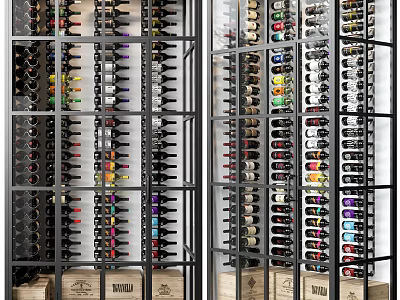 Modern Metal Frame Wine Cabinet With Multi Tier Design And Various Wine Bottles 3d model