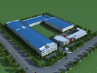 Industrial Factory Building With Blue Roof Green Lawn And Trees Surrounding Roads 3d model