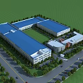 Industrial Factory Building With Blue Roof Green Lawn And Trees Surrounding Roads