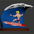 Decorative Surfing Figurine Featuring Blue Wave Blonde Surfer Red White Striped Board And Brown Base