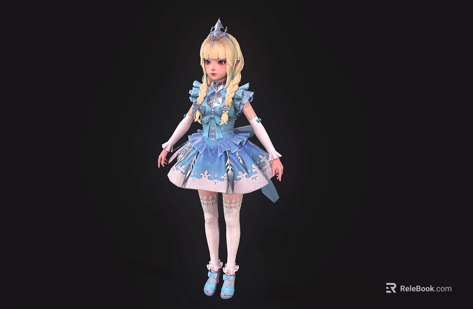 Game And Movie Character With Blonde Hair Blue Dress Crown White Stockings And Blue Shoes 3d model 