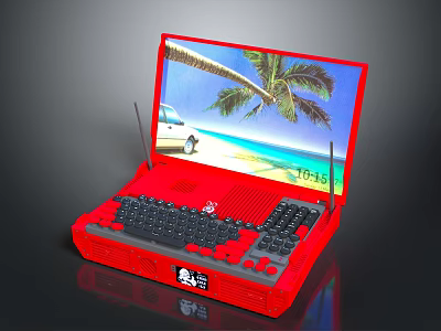 Red Portable Electronic Device With Screen Showing Beach Scene Palm Tree Car And Keyboard 3d model