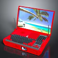 Red Portable Electronic Device With Screen Showing Beach Scene Palm Tree Car And Keyboard