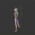 Fantasy Woman Character With Ornate Purple Blue Costume Golden Headdress And Halo Like Back Decoration