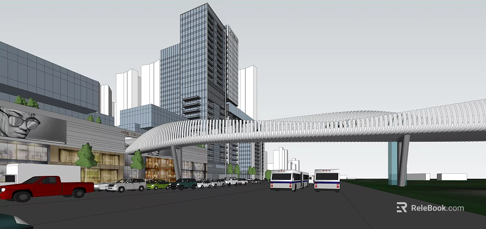 Modern Commercial Street with Tall Buildings Pedestrian Overpass Storefronts Buses and Cars 3d model 