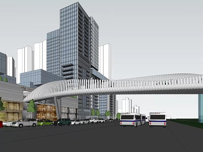 Modern Commercial Street with Tall Buildings Pedestrian Overpass Storefronts Buses and Cars 3d model