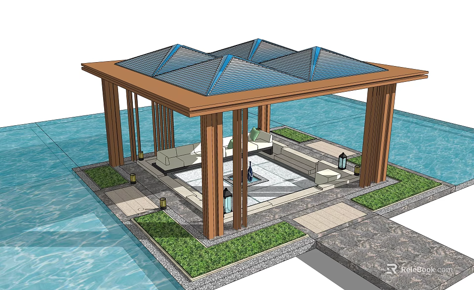 Garden Pavilion With Wooden Frame Glass Roof By Water And Greenery Seating Area 3d model 