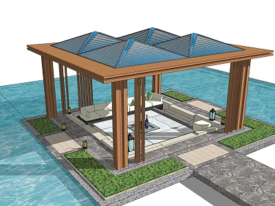 Garden Pavilion With Wooden Frame Glass Roof By Water And Greenery Seating Area 3d model