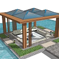 Garden Pavilion With Wooden Frame Glass Roof By Water And Greenery Seating Area