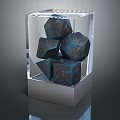 Decorative Ornament Set in Transparent Display Case with Dark Blue Polyhedral Pieces and Golden Texture