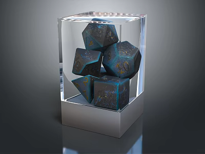 Decorative Ornament Set in Transparent Display Case with Dark Blue Polyhedral Pieces and Golden Texture 3d model