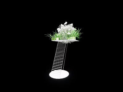 Banquet Hall Decor With White Metal Stand Circular Tray White Flowers And Green Grass 3d model