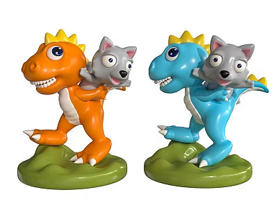 Orange And Blue Dinosaur Toys Carrying Gray Kittens On Green Bases 3d model