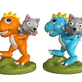 Orange And Blue Dinosaur Toys Carrying Gray Kittens On Green Bases