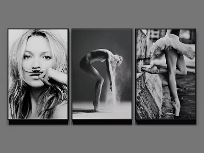 Black And White Figure Paintings With Female Portrait And Dancer Poses Three Piece Wall Art 3d model