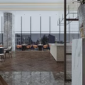 Elegant Modern Restaurant Interior With Large Windows Herringbone Wooden Flooring And Blue Chairs