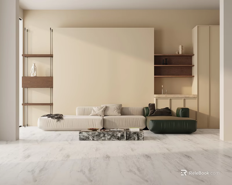 Modern Minimalist Living Room With Beige Three-Seater Sofa Green Armchair And Marble Coffee Table 3d model 