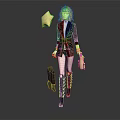 White Haired Woman In Black Gold Plaid Outfit With Gold Balloon Handbag And Black Puppy