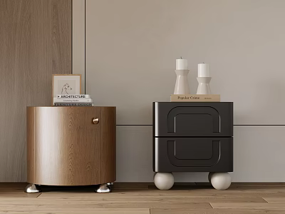 Modern Wooden Round And Black Drawer Bedside Tables With Books Photo Frame And Candle Decorations 3d model