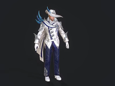 Game and Movie Character in White Blue Outfit With Silver Accents and Blue Feather Hat 3d model