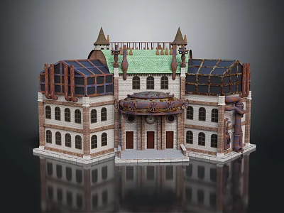 Cartoon Scene Brick And Stone Building With Green Roof Towers Arched Windows Decorative Porch 3d model
