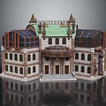 Cartoon Scene Brick And Stone Building With Green Roof Towers Arched Windows Decorative Porch