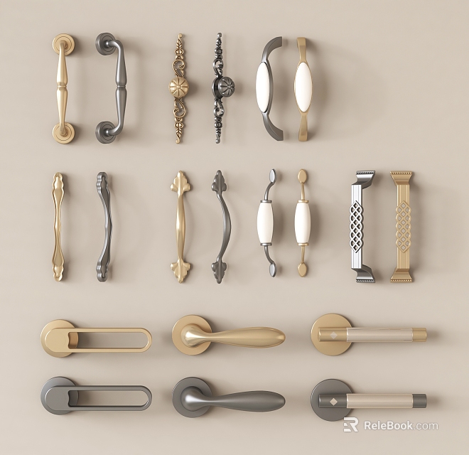 Various Stylish Cabinet Handles In Gold Silver White And Classic Designs 3d model 