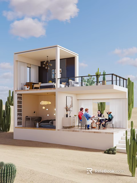 Modern Two Story House With Open Design People Dining On Terrace And Cactus In Desert 3d model 