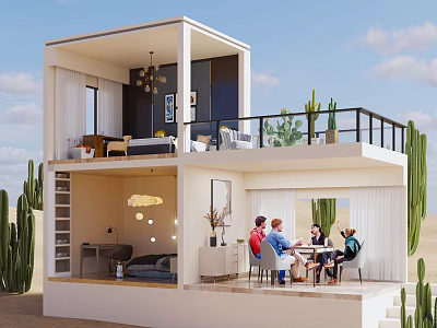 Modern Two Story House With Open Design People Dining On Terrace And Cactus In Desert 3d model