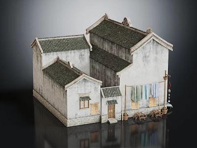 Traditional Chinese Architecture With Tiled Roofs White Walls and Hanging Clothes 3d model