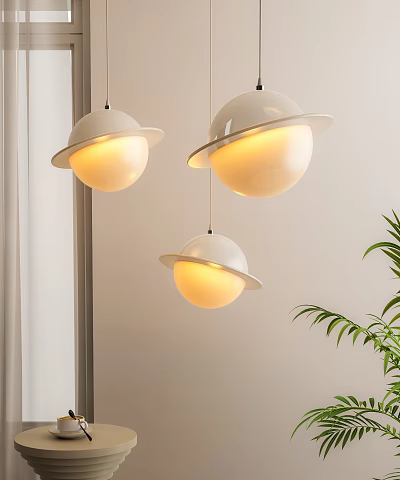 Three White Saucer Shaped Pendant Lights With Warm Glow In Indoor Room With Green Plant 3d model