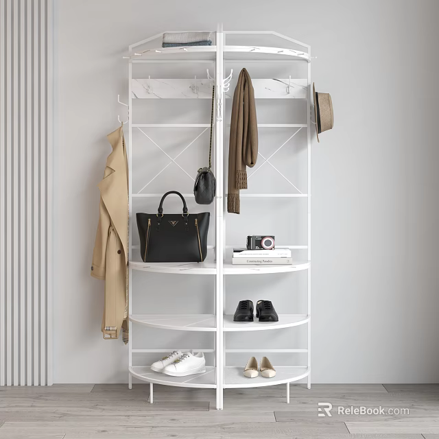 Modern White Clothes Rack with Hanging Area and Storage for Bags Shoes Camera and Books 3d model 