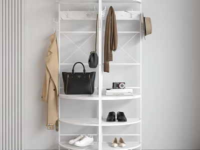 Modern White Clothes Rack with Hanging Area and Storage for Bags Shoes Camera and Books 3d model
