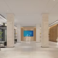 Modern Corporate Front Desk Reception With Wooden Panel Wall And Chandelier Lighting