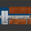 Kitchen Interior With Wooden Cabinets Stainless Steel Refrigerator Island And Black White Checkered Floor