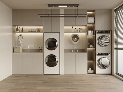 Modern Laundry Room Interior With Stackable Washing Machines Built In Cabinets And Storage Shelves 3d model