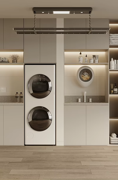 Modern Laundry Room Interior With Stackable Washing Machines Built In Cabinets And Storage Shelves 3d model