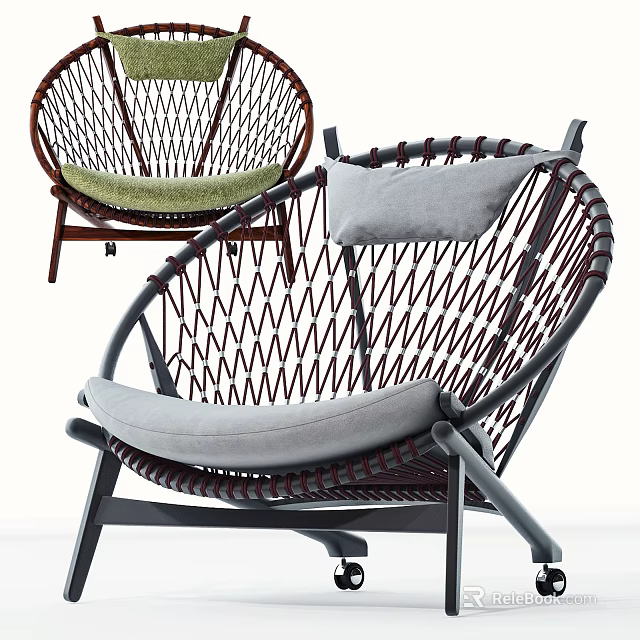 Modern Rattan Woven Leisure Chair with Gray Cushion and Pillow for Comfortable Seating 3d model 