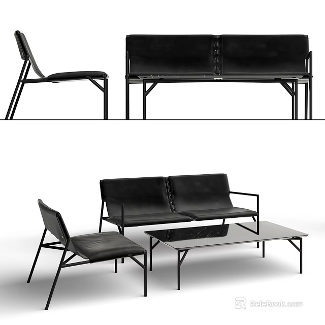 Modern Black Leather Sofa And Glass Top Coffee Table Set With Metal Frame Chairs 3d model 