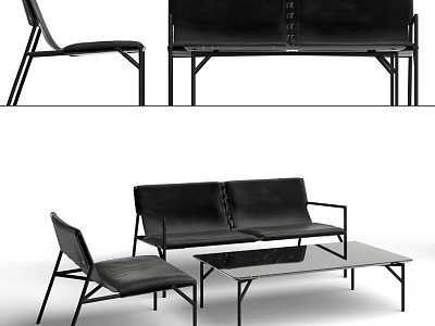 Modern Black Leather Sofa And Glass Top Coffee Table Set With Metal Frame Chairs 3d model