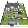 Traditional Chinese Courtyard Garden With Greenery Lawn Stone Path And Pavilion Flowers Rockery