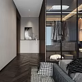 Modern Bedroom Interior With Textured Gray Wall Dark Wooden Wardrobe And Area Rug
