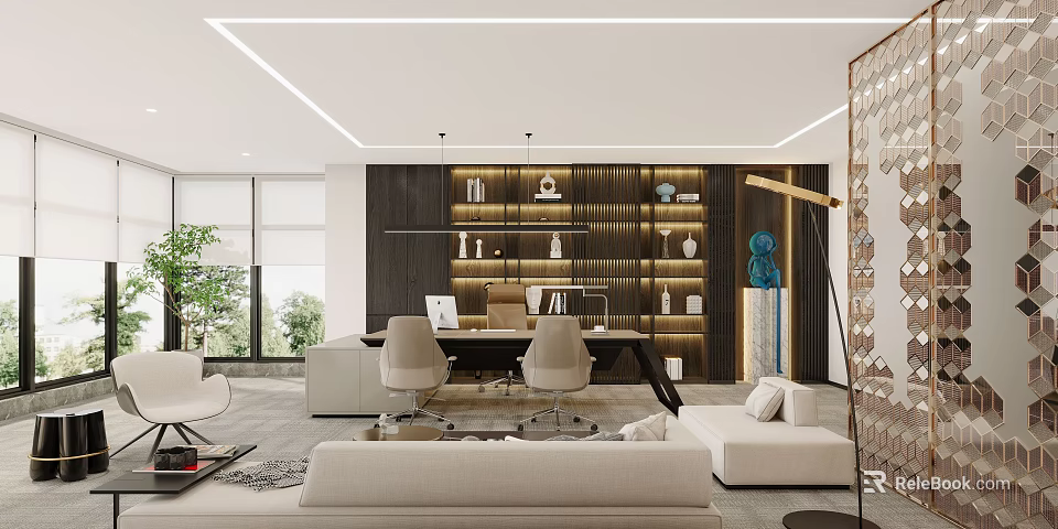 Modern Office Interior With Workstation Bookshelf Sofa And Floor to Ceiling Windows 3d model