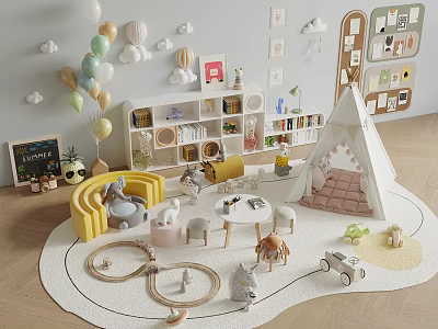 Kids Playroom Interior With Teepee Bookshelf Toys Balloons And Cloud Decorations 3d model