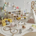 Kids Playroom Interior With Teepee Bookshelf Toys Balloons And Cloud Decorations