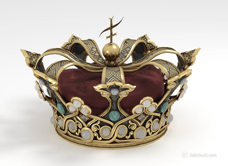 Ornate Golden Hat With Intricate Design Green White Gemstones Crimson Red Base 3d model 